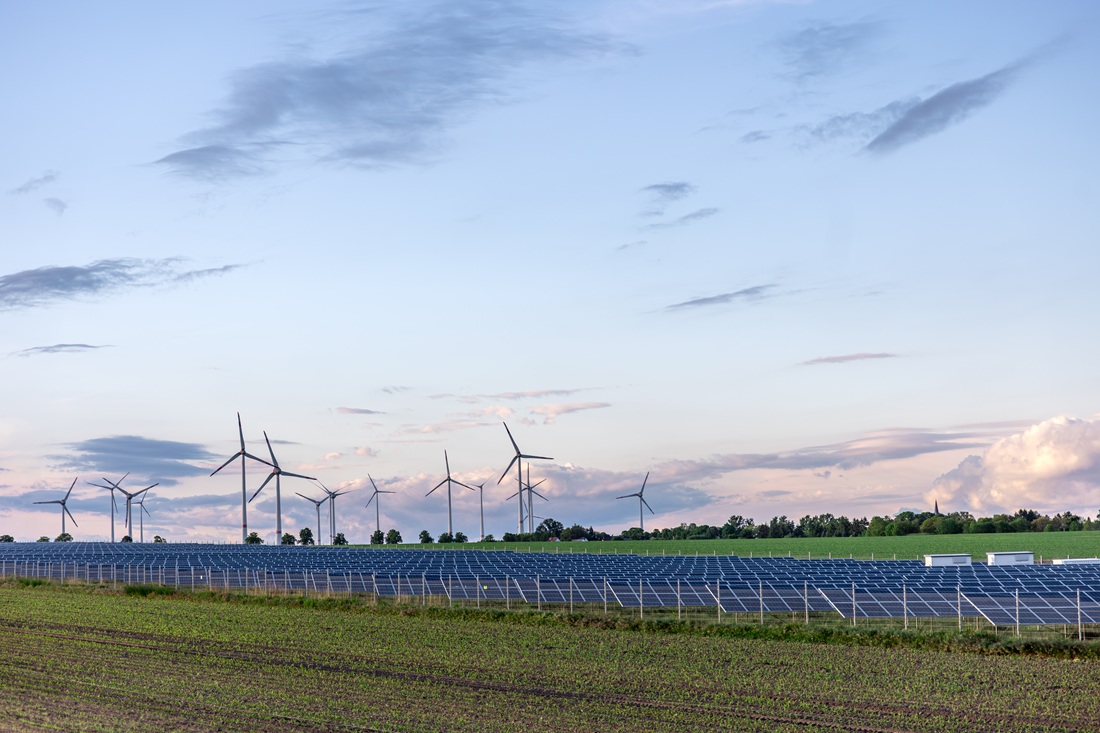 Solar Panels Field Wind Turbines Horizon Renewable Green Energy