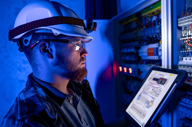 Electrician Overalls Focused Work Switchboard With Fuses Using Tablet