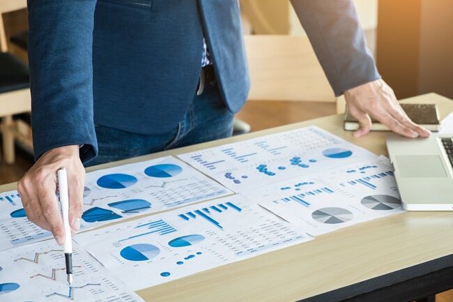 Team Work Process Young Business Managers Crew Working With New Startup Project Labtop Wood Table Typing Keyboard Texting Message Analyze Graph Plans